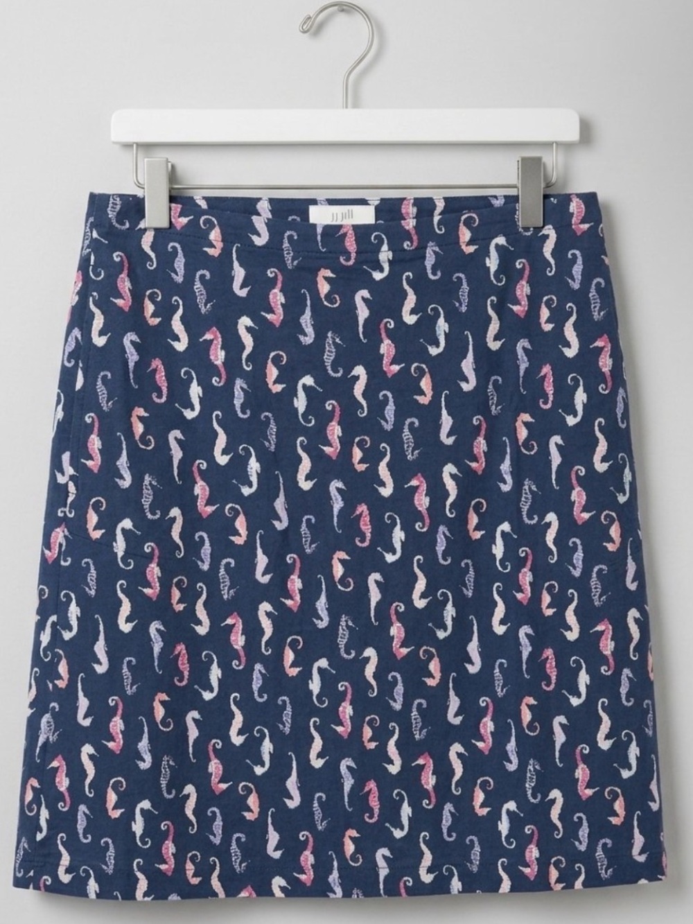J. Jill Navy A-Line Skirt with Pink and White Seahorse Print